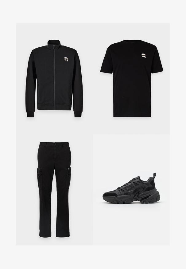 Schwarze Zip-up-Sweatjacke aus Baumwollmischung mit Stehkragen und gerippten Bündchen, mit einem kleinen Cartoon-Gesicht-Logo auf der linken Brust.; Schwarzes Baumwoll-T-Shirt mit kurzen Ärmeln, das auf der linken Brust ein kleines weißes Grafik eines Charakters mit Brille zeigt. Klassisches Rundhals-Design.; Schwarze Cargo-Hose aus Baumwolle mit zwei seitlichen Taschen, geradem Bein und sichtbaren Nähten an den Säumen.; Schwarze Sneakers mit einer Kombination aus glatten und strukturierten Materialien, einer klobigen Sohle, Schnürdesign und markanten seitlichen Akzenten.