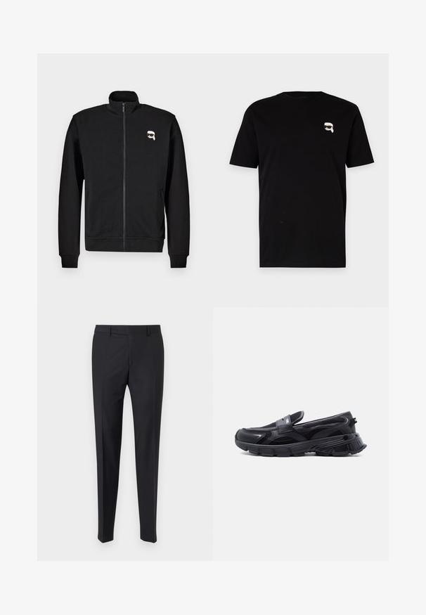 Sweat-shirt zippé noir en mélange de coton, avec un col montant et des poignets côtelés, portant un petit logo de visage de dessin animé sur la poitrine gauche.; T-shirt en coton noir à manches courtes avec un petit graphique blanc d'un personnage portant des lunettes sur la poitrine gauche. Design classique à col rond.; Pantalons noirs avec une coupe sur mesure, devant plat et jambes pliées ; fabriqués à partir d'un tissu lisse avec des passants de ceinture et une fermeture éclair.; Baskets noires à enfiler avec semelle épaisse texturée et panneaux en maille, conçues pour un usage décontracté et sportif.