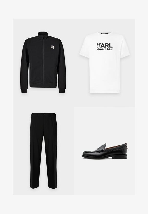 Schwarze Zip-up-Sweatjacke aus Baumwollmischung mit Stehkragen und gerippten Bündchen, mit einem kleinen Cartoon-Gesicht-Logo auf der linken Brust.; Weißes Baumwoll-T-Shirt mit kurzen Ärmeln, das ein schwarzes Grafikdesign mit dem Text "KARL LAGERFELD" und einem Silhouetten-Logo zeigt.; Schwarze Hosen aus glattem Stoff, mit geradem Schnitt, zwei vorderen Taschen und einem Reißverschluss mit Knopfverschluss.; Schwarzer Leder-Herrenschuh mit Mokassinnaht, Penny-Riemen, strukturiertem Kragen und niedrigem gestapeltem Absatz auf weißem Hintergrund.