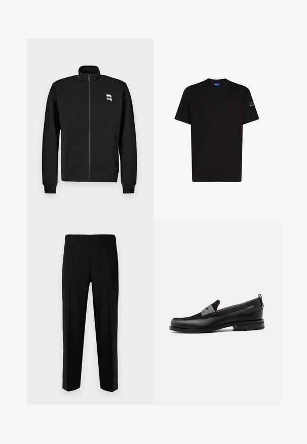 Sweat-shirt zippé noir en mélange de coton, avec un col montant et des poignets côtelés, portant un petit logo de visage de dessin animé sur la poitrine gauche.; T-shirt en coton noir à manches courtes, décolleté rond, avec une petite étiquette accentuée sur la manche gauche. Texture lisse, coupe standard.; Pantalon noir en tissu lisse, présentant une coupe droite, deux poches avant et une fermeture à glissière avec bouton.; Mocassin en cuir noir avec détail de bride grise, talon bas et semelle texturée, marqué "HUGO" en or sur le côté.