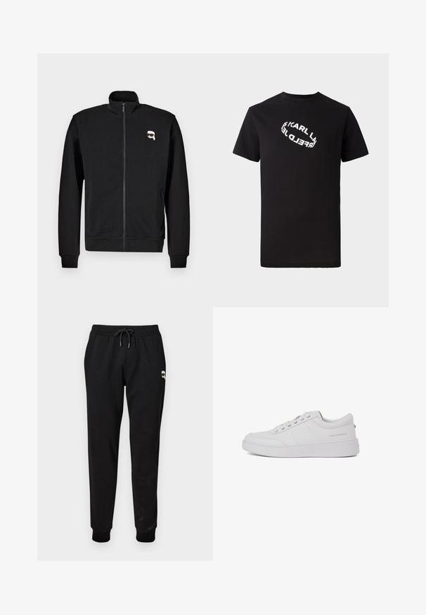 Schwarze Zip-up-Sweatjacke aus Baumwollmischung mit Stehkragen und gerippten Bündchen, mit einem kleinen Cartoon-Gesicht-Logo auf der linken Brust.; Schwarzes Baumwoll-T-Shirt mit kurzen Ärmeln und Rundhalsausschnitt. Auf der Vorderseite befindet sich ein verzerrter, weißer Logotext.; Schwarze Sweatpants mit elastischem Bund und verstellbarem Kordelzug. Mit gerippten Bündchen und einem kleinen Grafikdetail am Oberschenkel.; Weiße Leder-Sneaker mit klassischem Low-Top-Design, flacher Sohle und dezentem Markenlogo an der Ferse. Verfügt über fünf Metallösen für die Schnürsenkel.
