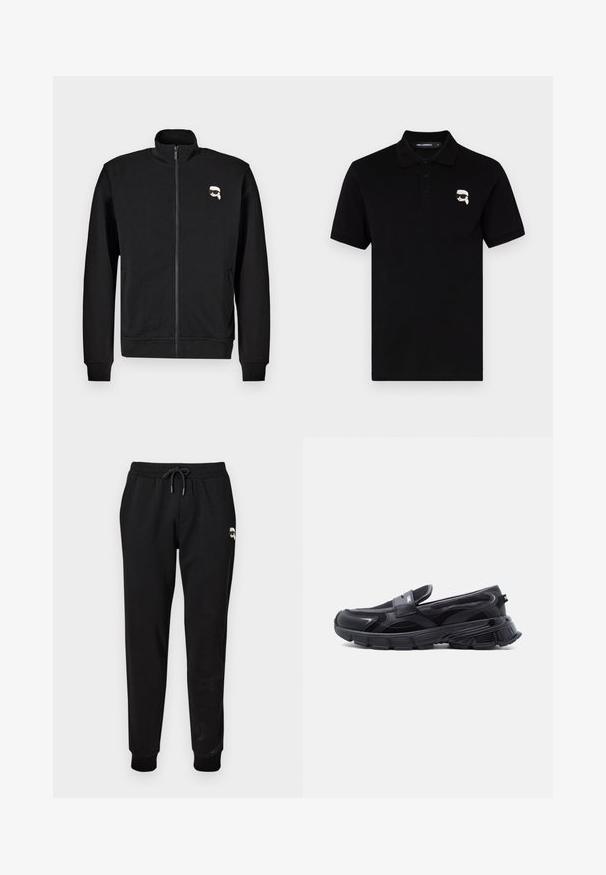 Schwarze Zip-up-Sweatjacke aus Baumwollmischung mit Stehkragen und gerippten Bündchen, mit einem kleinen Cartoon-Gesicht-Logo auf der linken Brust.; Schwarzes Polohemd aus Baumwolle mit einem Kragen, drei Knöpfen und einem kleinen weißen Logo auf der linken Brust. Kurze Ärmel und gerader Schnitt.; Schwarze Sweatpants mit elastischem Bund und verstellbarem Kordelzug. Mit gerippten Bündchen und einem kleinen Grafikdetail am Oberschenkel.; Schwarzer Slip-On-Sneaker mit dicker, strukturierter Sohle und Mesh-Einsätzen, entworfen für Freizeit- und Sportkleidung.