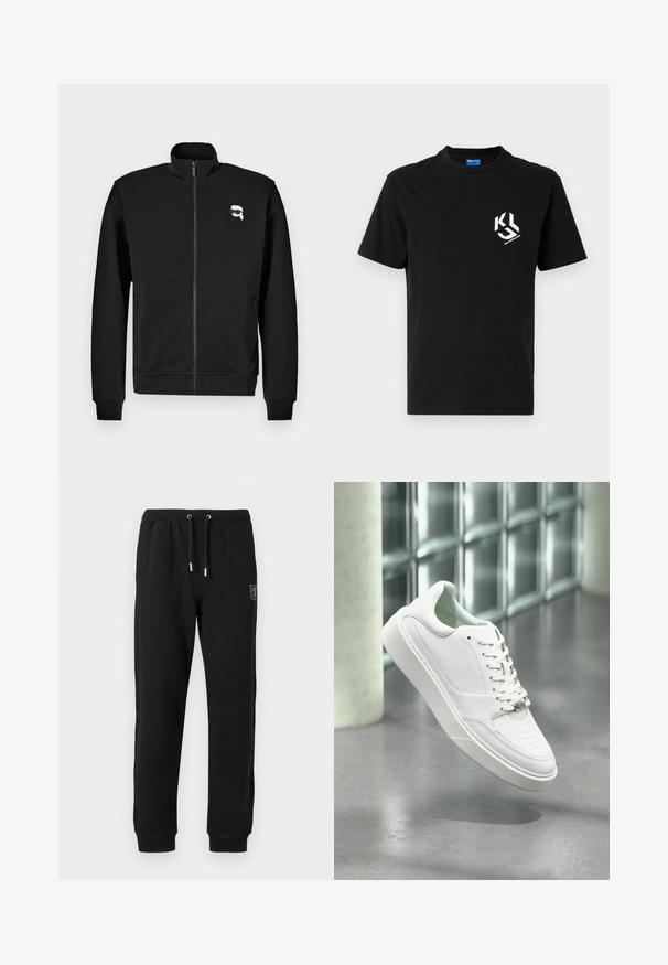 Schwarze Zip-up-Sweatjacke aus Baumwollmischung mit Stehkragen und gerippten Bündchen, mit einem kleinen Cartoon-Gesicht-Logo auf der linken Brust.; Schwarzes Baumwoll-T-Shirt mit einem weißen Grafikdesign auf der linken Brustseite. Rundhalsausschnitt, kurze Ärmel und klassischer Schnitt.; Schwarze Sweatpants aus weichem Material mit elastischem Bund und Kordelzug, seitlichen Taschen und schmal zulaufenden Bündchen an den Knöcheln.; Weißer Ledersneaker mit abgerundeter Spitze, Schnürverschluss und flacher Gummisohle. Verfügt über perforierte Details und dezentes Logo-Akzent.