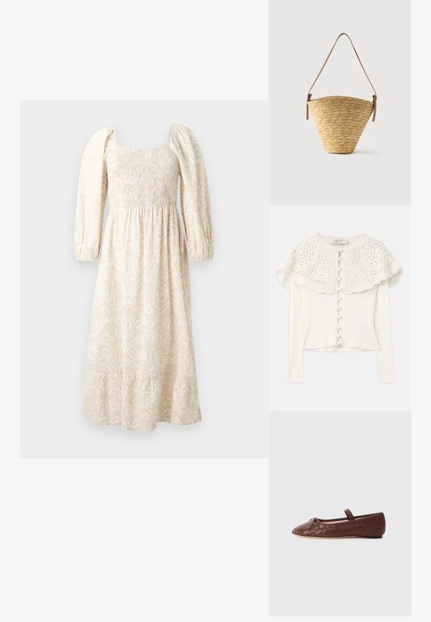 Hvid langærmet cardigan med en hæklede blonde yoke, der har dekorative knapper foran og en struktureret ribbet krop.; Lang cremefarvet kjole med rynket livstykke, puffede lange ærmer, elastiske manchetter og subtilt blomsterprint, der falder til en flæsekant.; Brun vævet læderballetsko med rund tå, lille sløjfe som accent og en elastisk rem over anklen for en sikker pasform.; Flettet stråtaske med bred bund, smal top og justerbar brun læder skulderrem.