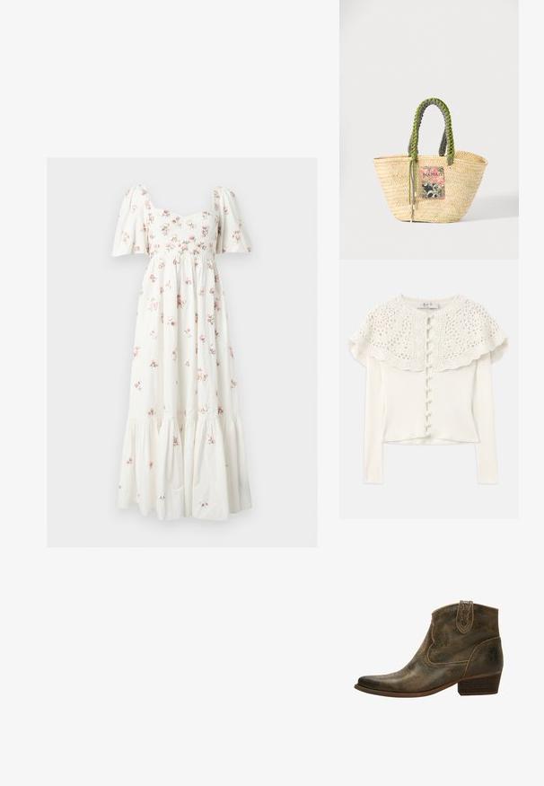 Cárdigan blanco de manga larga con un yugo de encaje de ganchillo, que presenta botones decorativos en el frente y un cuerpo acanalado texturizado.; Vestido midi blanco con mangas abullonadas, cuerpo ajustado y pequeño estampado floral rosa, con falda fruncida y de volantes.; Botín de piel marrón hasta el tobillo con punta afilada, costuras decorativas y un tacón bajo. Presenta un acabado sutilmente texturizado y una lengüeta.; Bolso tote de paja beige tejido con asas trenzadas verdes y negras y un parche rectangular colorido en la parte frontal.