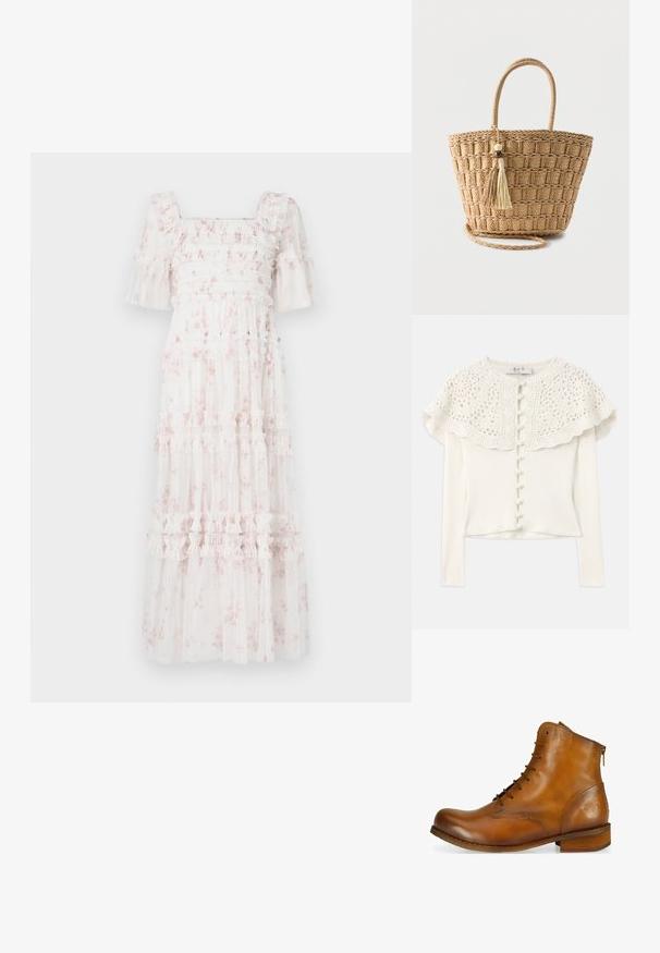 Gilet blanc à manches longues avec un empiècement en dentelle crochetée, présentant des boutons décoratifs sur le devant et un corps en ribbed texturé.; Robe midi blanche à motifs floraux roses, corsage smocké, manches volantes et jupe à volants superposés avec fronces horizontales et texture transparente.; Bottine en cuir marron avec un bout arrondi, un laçage à l'avant, une fermeture éclair sur le côté et un petit talon en bois. Présente un logo en relief discret sur le talon.; Sac cabas en paille tressée avec poignées arrondies, motif carré, et deux pompons suspendus avec des perles en bois sur un fond uni.