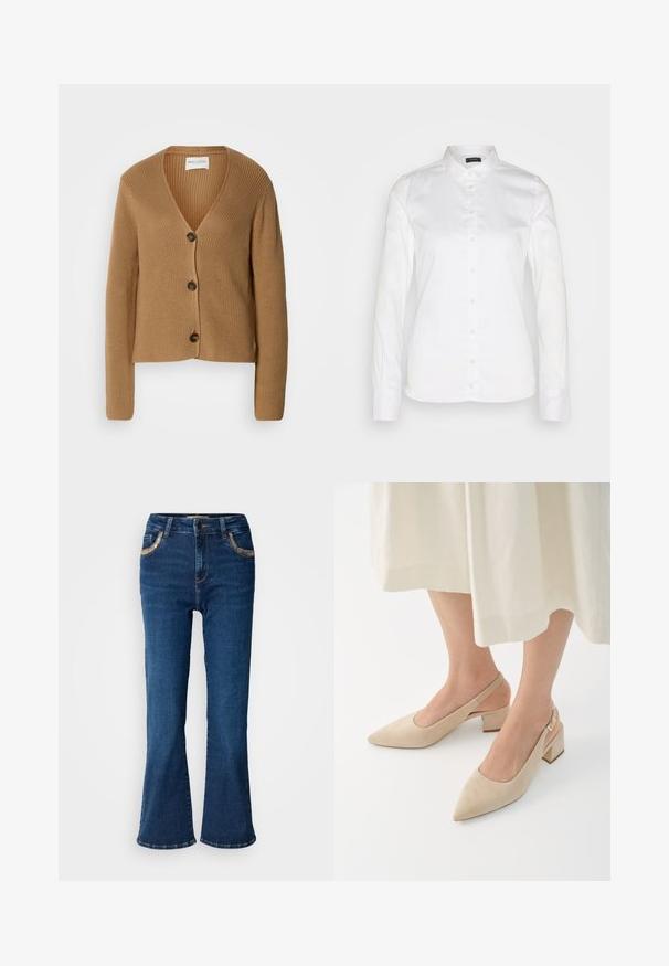Lysbrun strikket cardigan med lange ærmer og tre mørke knapper foran, med V-hals og ribbet tekstur.; Hvid skjorte med knappe-lukning, lange ærmer, klassisk krave, glat bomuldsstof, har en række knapper, skræddersyet pasform og manchetter.; Mørkeblå brede jeans med en glat denimoverflade, kontrasterende gyldne syninger og forlommer. Klassisk fem-lomme design.; Beige ruskinds slingback pumps med spidse tæer og blokhæle. Designet har udskæringer i siderne og en gylden spændeaccent.