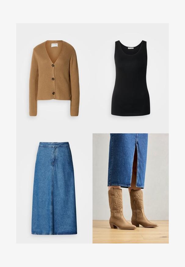 Hellbrauner Strickcardigan mit langen Ärmeln und drei dunklen Knöpfen auf der Vorderseite, mit V-Ausschnitt und geripptem Muster.; Schwarzes ärmelloses Tanktop, aus glattem Stoff, mit klassischem Rundhalsausschnitt und tailliertem Schnitt. Keine Muster oder Akzente.; Jeans-Midirock mit entspanntem Schnitt, hoher Taille, ausgefranstem Saum und einfarbigem Blau. Schlichtes Design ohne sichtbare Verzierungen.; Braune westernstil Stiefel mit dekorativer Stickerei, spitzer Zehenform und gestapeltem Absatz. Getragen mit einem knielangen Jeansrock, der die Stiefel zur Geltung bringt.