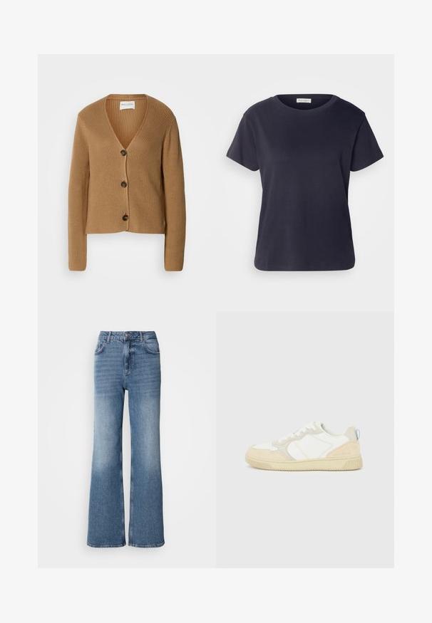 Lysbrun strikket cardigan med lange ærmer og tre mørke knapper foran, med V-hals og ribbet tekstur.; Marineblå bomulds-T-shirt med rund halsudskæring, korte ærmer og en afslappet pasform. Glat tekstur og minimalistisk design, ingen synlige mønstre.; Mos Mosh MAI - Jeans Straight Leg - blue wash; Hvid og beige sneaker med en overdel i ruskind og tekstil, med kontrastsyninger, en gummisål og en lyseblå detalje på hælen.