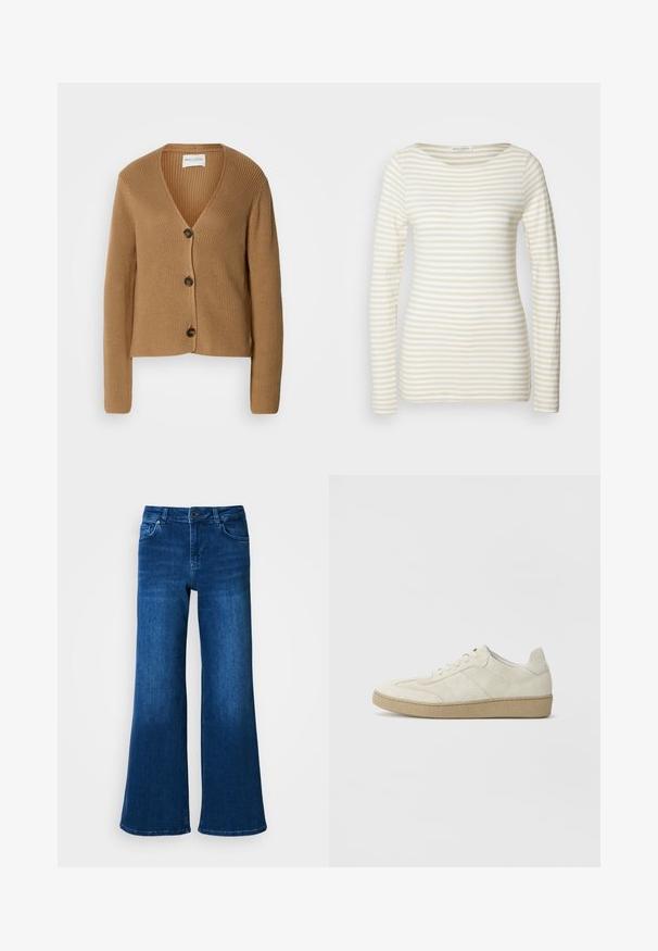 Hellbrauner Strickcardigan mit langen Ärmeln und drei dunklen Knöpfen auf der Vorderseite, mit V-Ausschnitt und geripptem Muster.; Gestreiftes Langarmshirt aus einer Creme- und Beige-Baumwollmischung, mit rundem Halsausschnitt und figurnahem Schnitt. Weiche Textur mit dezenten Mustern.; Blaue Denim-Jeans mit weitem Bein und hohem Bund, ausgestattet mit fünf Taschen, Knopf- und Reißverschluss und einer glatten, gleichmäßigen Textur.; Beige Wildledersneaker mit strukturiertem Design, flacher Gummisohle und ausgeprägter Seitennaht. Runde Zehenform und gepolsterter Kragen.
