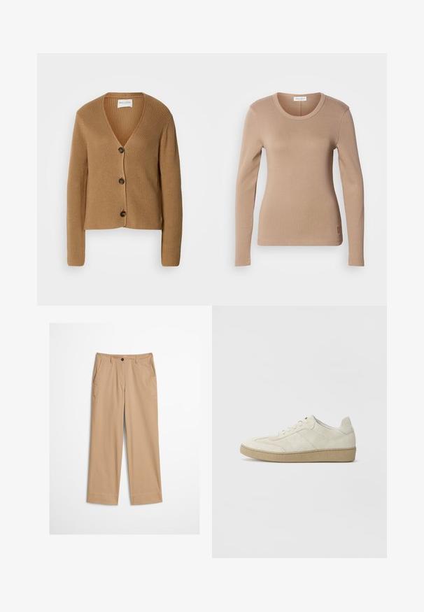 Lysbrun strikket cardigan med lange ærmer og tre mørke knapper foran, med V-hals og ribbet tekstur.; Langærmet top i lys beige med rund halsudskæring og tætsiddende pasform. Lavet af blødt, strækbart stof med en subtil tekstur. Lille logo detail ved kanten.; Beige bomuldsbukser med lige ben, knaplukning foran og en glat tekstur. Har standard bærestropper og flad frontdesign.; Beige ruskind sneakers med et struktureret design, flad gummisål og karakteristisk sidesyning. Rund tå og polstret krave.