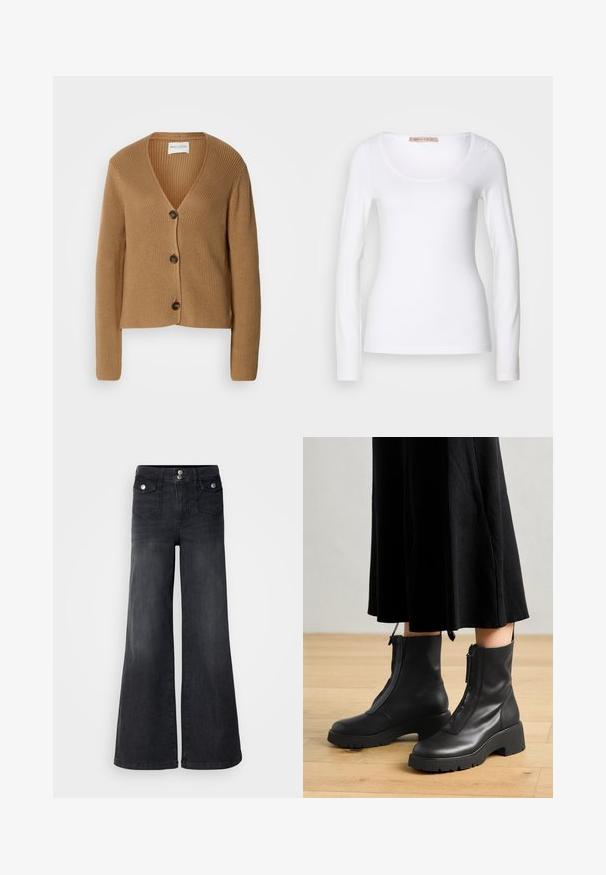 Cardigan tricoté marron clair avec des manches longues et trois boutons foncés sur le devant, présentant un col en V et une texture côtelée.; T-shirt en coton blanc à manches longues, avec un col rond et une coupe ajustée, au toucher doux et sans ornement.; Jean large en denim noir avec taille haute, boutons sur le devant et deux poches avant ; texture lisse avec une légère finition décolorée.; Bottines en cuir noir avec une semelle plateforme épaisse et une fermeture éclair à l'avant. Texture lisse avec un design minimaliste.