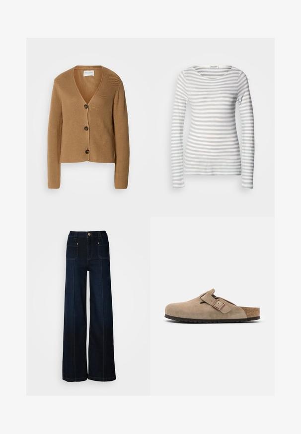 Cárdigan de punto marrón claro con mangas largas y tres botones oscuros en el frente, con escote en V y textura de canalé.; Camiseta de manga larga a rayas en tejido suave, con rayas alternas en gris claro y blanco. Escote redondeado y diseño ajustado con mangas completas.; Jeans de mezclilla de pierna ancha en azul oscuro. Presentan bolsillos frontales, herrajes en tono dorado y costuras en contraste. Textura suave con un diseño casual.; Birkenstock BOSTON SFB VL NARROW - Pantuflas - taupe