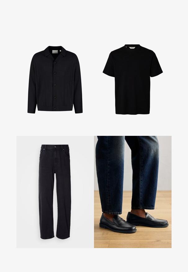 Cardigan en maille noire à boutons avec col, présentant un motif texturé en torsades verticales et des boutons marron sur le devant.; T-shirt noir à manches courtes avec col rond et design uni, présenté sur fond blanc.; Jean en denim noir à coupe ample, avec une taille haute, cinq poches et des boutons en métal. Le tissu présente une texture mate.; Mocassins en cuir noir avec des coutures et des accents texturés, portés avec un jean foncé, mettant en avant un design décontracté et épuré.