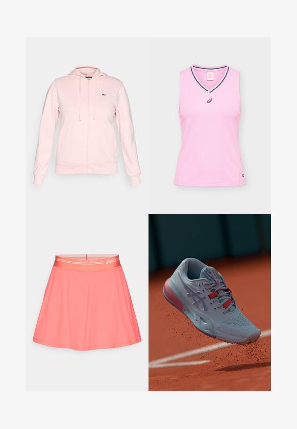Sudadera de cremallera de color rosa claro hecha de una tela suave, con capucha, cordones, dos bolsillos frontales y un pequeño logo verde en el lado izquierdo del pecho.; Camiseta deportiva sin mangas de color rosa con cuello de pico y ribete oscuro, con un pequeño logo negro de ASICS centrado bajo el escote.; Falda deportiva rosa hecha de tela acanalada. Cuenta con una cinturilla elástica ancha con un logo y un diseño acampanado para facilitar el movimiento.; Zapatilla de tenis azul claro con parte superior texturizada, detalles en rojo y una suela semitransparente, mostrada en el aire sobre una superficie de arcilla.