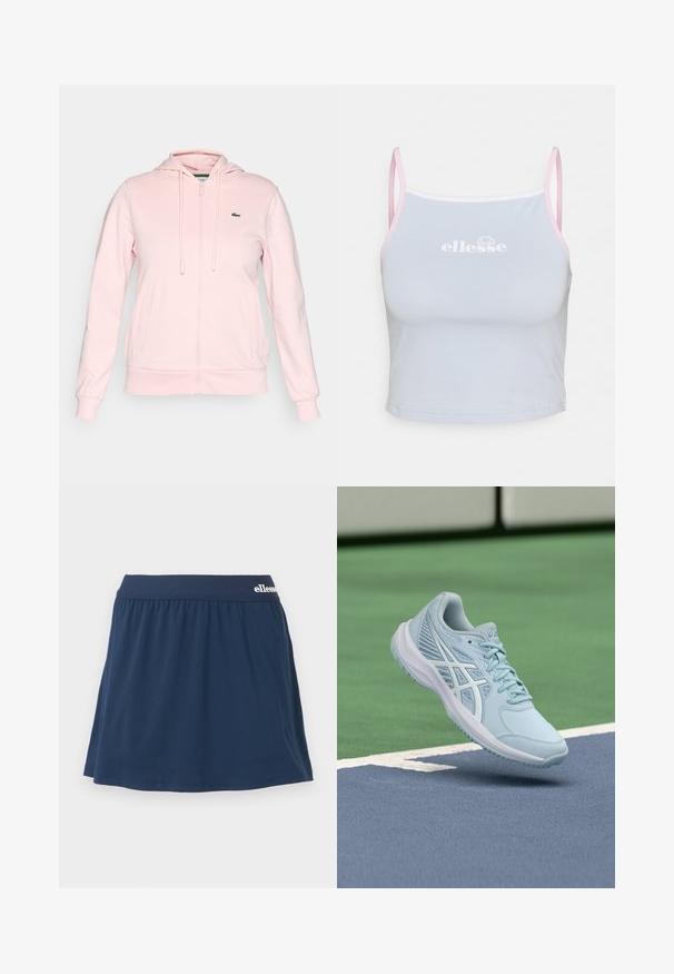 Helle rosa Zip-Hoodie aus weichem Stoff, mit Kapuze, Kordeln, zwei Vordertaschen und einem kleinen grünen Logo auf der linken Brust.; Hellblaues, kurzes Tanktop mit dünnen pinken Trägern und weißem Logo. Hergestellt aus glattem Stoff, zeichnet sich durch ein schlichtes Design und eine taillierte Passform aus.; Marineblaue, weiche Stoff-Skort mit elastischem Bund. Verfügt über ein gerafftes Design und ein kleines Logo am Bund.; Hellblauer Sportschuh mit Mesh-Obermaterial, strukturierten Details und einer gepolsterten Sohle, der über einer blauen Spielfläche schwebt.