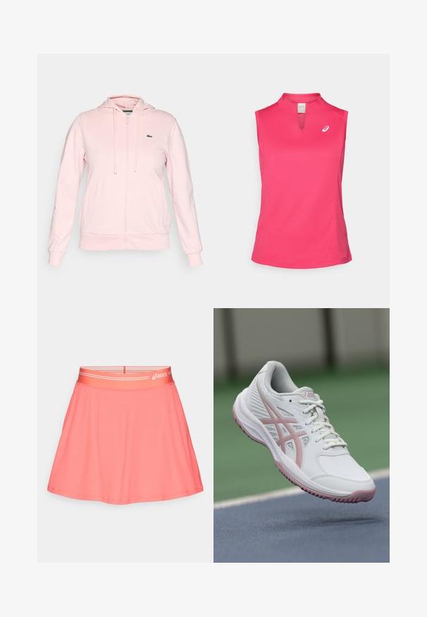Helle rosa Zip-Hoodie aus weichem Stoff, mit Kapuze, Kordeln, zwei Vordertaschen und einem kleinen grünen Logo auf der linken Brust.; ASICS COURT TANK - Top - bright rose; Rosa Sportrock aus geripptem Stoff. Verfügt über einen breiten elastischen Bund mit Logo und ein ausgestelltes Design für Bewegungsfreiheit.; Weißer Sportschuh mit pinken Akzenten, synthetisches Material, runde Zehenbox, Netzseiten und strukturierte Sohle. Vorderes Schnürsystem und ASICS-Logo sichtbar.