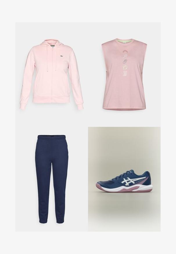 Lyserød zip-up hoodie lavet af blødt stof, med hætte, snore, to frontlommer og et lille grønt logo på venstre bryst.; Rosa ærmeløs bomuldsskjorte med rund halsudskæring og legende grafik, herunder en boomerang, tennisketcher og koala.; Marineblå svedbukser med elastisk talje og ankelsnøre, set forfra, lavet af blødt stof til afslappet brug.; Marineblå atletiksko med hvid og pink sål, hvidt logo på siden, snøredesign og meshdetaljer på tåen og siderne.