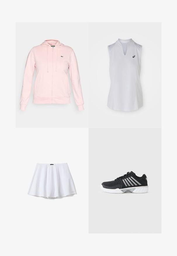 Sudadera de cremallera de color rosa claro hecha de una tela suave, con capucha, cordones, dos bolsillos frontales y un pequeño logo verde en el lado izquierdo del pecho.; Top atlético sin mangas de color blanco con escote en V y paneles laterales. Presenta un pequeño logotipo negro en el lado izquierdo del pecho. Textura suave y diseño ajustado.; Falda blanca acampanada con pliegues suaves y un pequeño logo "ALTAVIA" cerca del dobladillo inferior sobre un fondo blanco liso.; Zapatilla deportiva negra con suela blanca antideslizante, rayas blancas diagonales en el lateral, puntera texturizada y cierre de cordones sobre un fondo gris.