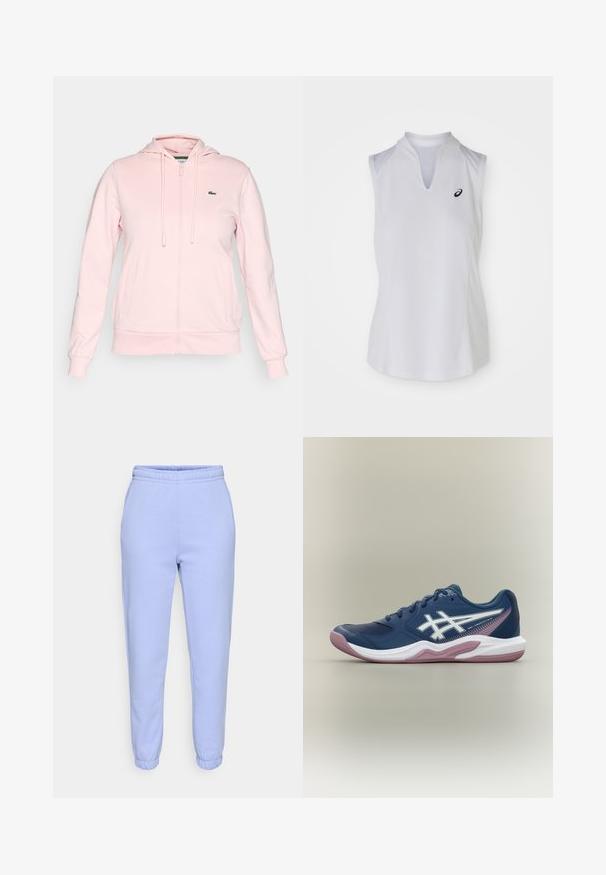 Helle rosa Zip-Hoodie aus weichem Stoff, mit Kapuze, Kordeln, zwei Vordertaschen und einem kleinen grünen Logo auf der linken Brust.; Weißes ärmelloses Sportoberteil mit V-Ausschnitt und seitlichen Einsätzen. Verfügt über ein kleines schwarzes Logo auf der linken Brust. Glatte Textur und taillierte Passform.; Helle blaue Jogginghosen aus weichem Material, mit einem elastischen Bund und schmal zulaufenden Säumen. Keine sichtbaren Muster oder Hardware-Details.; Marineblaue Sportschuh mit weißer und rosa Sohle, weißem Logo an der Seite, Schnürdesign und Mesh-Details an Zehen und Seiten.