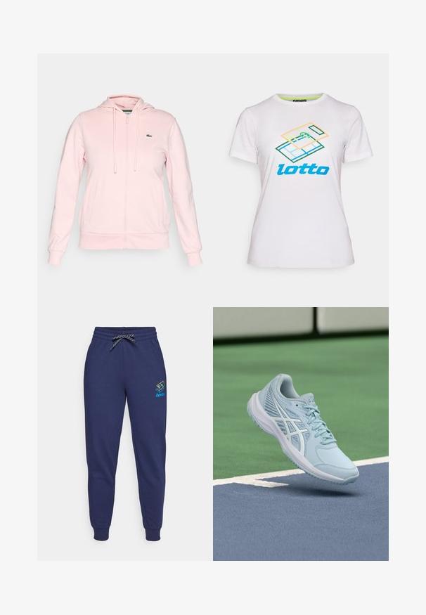 Sudadera de cremallera de color rosa claro hecha de una tela suave, con capucha, cordones, dos bolsillos frontales y un pequeño logo verde en el lado izquierdo del pecho.; Camiseta blanca de algodón de manga corta, con un gráfico geométrico colorido y el logo "lotto" en azul en la parte frontal.; Pantalones de chándal azul marino con cintura ajustable y puños en los tobillos. Presenta un logo de Lotto en colores vibrantes en el muslo izquierdo. Hechos de una tela suave.; Zapatilla deportiva azul clara con parte superior de malla, detalles texturizados y suela acolchada, suspendida sobre una superficie de cancha azul.