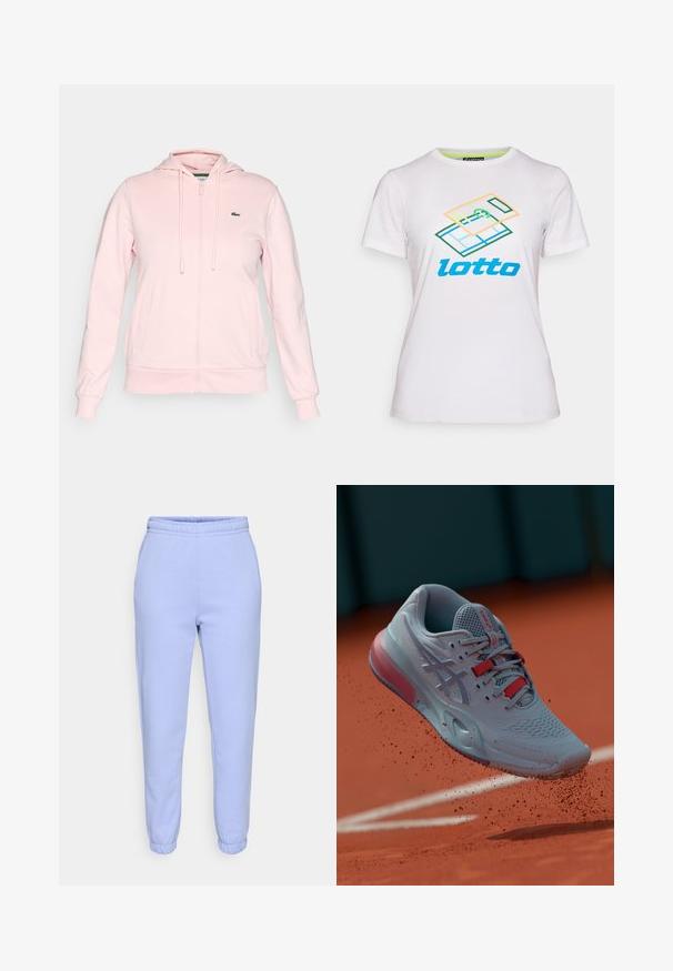 Lyserød zip-up hoodie lavet af blødt stof, med hætte, snore, to frontlommer og et lille grønt logo på venstre bryst.; Hvid kortærmet t-shirt lavet af bomuld, med et farverigt geometrisk grafisk design og "lotto" logo i blåt på forsiden.; Lysblå joggingbukser i blødt stof med elastisk talje og indsnævrede manchetter. Ingen synlige mønstre eller hardware detaljer.; Lyseblå tennissko med tekstureret overdel, røde detaljer og en semi-gennemsigtig sål, vist svævende over en lerbane.