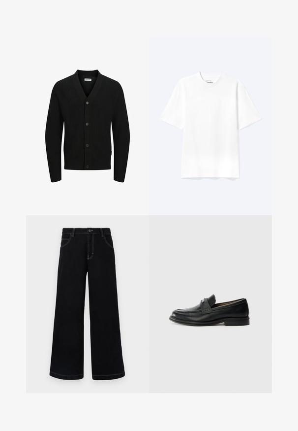 Cardigan en tricot noir avec col en V, comportant cinq boutons, texture côtelée et manches longues. Fabriqué en tissu doux pour le confort.; T-shirt blanc uni à manches courtes et col rond avec une coupe décontractée, présenté sur un fond clair.; Pantalons larges noirs en denim, dotés d'une fermeture à boutons, de cinq poches et de coutures blanches contrastantes le long des coutures.; Mocassins en cuir noir avec une finition lisse, dotés d'une bande supérieure texturée, d'un talon bas et de détails de couture minimalistes.