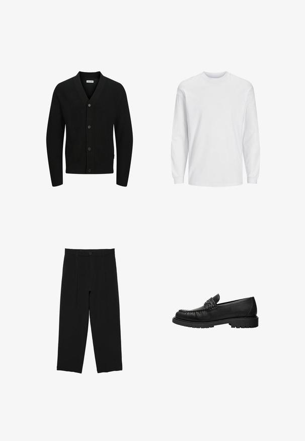 Cardigan en tricot noir avec col en V, comportant cinq boutons, texture côtelée et manches longues. Fabriqué en tissu doux pour le confort.; T-shirt blanc à manches longues en coton. Présente un col rond et un design uni sans motifs ni accents. Texture douce et lisse.; Pantalon noir à jambes larges avec passants de ceinture, bouton à l'avant et design plissé, présenté sur un fond blanc.; Mocassin en cuir noir avec dessus cousu, détail de bride cloutée et semelle épaisse à crampons, présenté en profil latéral sur fond blanc.