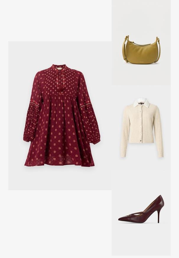 Cardigan beige côtelé à manches longues, col blanc orné de perles, et fermeture boutonnée sur l'avant, sur un fond clair uni.; Robe rouge à manches longues avec petit imprimé floral, taille froncée, manches plissées, et lien à pompons au col montant.; Escarpin en cuir rouge foncé à talon haut avec bout pointu et une fine bride croisée sur le devant, fixée par une petite boucle dorée.; Sac bandoulière en cuir texturé vert olive en forme de croissant, avec une bandoulière réglable et des accessoires dorés, petit logo de marque doré au centre en bas.