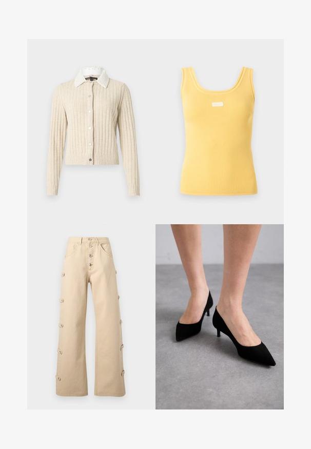 Cardigan beige côtelé à manches longues, col blanc orné de perles, et fermeture boutonnée sur l'avant, sur un fond clair uni.; Débardeur jaune côtelé sans manches avec larges bretelles et une petite étiquette blanche rectangulaire centrée près de l'encolure.; Pantalon beige à jambes larges avec taille haute, fermeture à boutons sur le devant, brides latérales avec boutons, et poches avant incurvées.; Talons aigus en daim noir avec un talon moyen slim et classique, et une large ouverture, présentés sur des pieds nus sur un fond gris.
