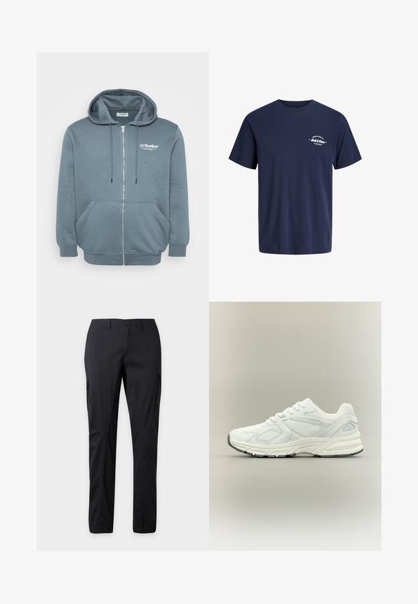 Hoodie zippé en tissu bleu-gris doux, avec une capuche à cordon, des poches kangourou, des poignets côtelés et un petit logo sur la poitrine.; T-shirt bleu marine à manches courtes et col rond avec un petit texte blanc « Definition of Jack & Jones » sur la poitrine gauche.; Pantalon cargo noir à jambes droites avec fermeture par boutons, passants de ceinture, poches latérales à rabat et ourlets élastiqués sur un fond clair.; Baskets de sport blanches avec des superpositions en maille et synthétique, fermeture à lacets, semelle épaisse et coussinée, et un branding discret sur le panneau latéral.