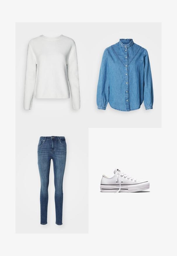 Pull en tricot blanc avec un col rond, des manches longues, un motif en côtes texturé et une coupe décontractée.; Chemise en denim bleu avec un col montant froncé, une fermeture boutonnée à l'avant et des manches longues. Elle présente des coutures décoratives et un ourlet légèrement arrondi.; Jeans ajustés à taille moyenne en denim bleu foncé. Comprend cinq poches, une fermeture par bouton et un léger délavage pour la texture.; Baskets basses en toile blanche avec lacets blancs, semelle en caoutchouc, détails à rayures noires, et écusson logo sur la languette et le talon.