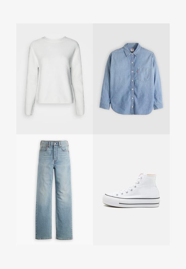 Pull en tricot blanc avec un col rond, des manches longues, un motif en côtes texturé et une coupe décontractée.; Chemise en denim bleu clair avec col boutonné, poche avant et manches longues. Caractérisée par un ourlet arrondi et une texture subtile.; Jean en denim bleu clair avec une taille haute, une coupe droite, un style cinq poches et des détails de coutures visibles.; Baskets montantes blanches en toile, semelle en caoutchouc noir et bande noire contrastante sur la semelle intermédiaire. Bout rond et design à lacets.