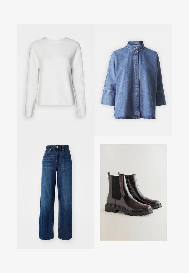 Suéter blanco de punto que presenta un cuello redondo, mangas largas, un patrón de canalé texturizado y un corte relajado.; Camisa de mezclilla en azul claro con mangas largas, collar puntiagudo, botones en la parte delantera y un ajuste relajado. Hecha de material de mezclilla suave.; Jeans de mezclilla azul oscuro con cintura alta, diseño de pierna ancha, bolsillos delanteros y traseros, y un ligero desgastado. Herrajes metálicos en la cinturilla.; Botas Chelsea de charol burdeos con paneles laterales elásticos, suela de goma negra y lengüetas para facilitar su uso.