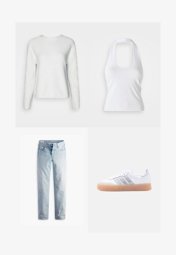 Pull en tricot blanc avec un col rond, des manches longues, un motif en côtes texturé et une coupe décontractée.; Haut halter blanc avec un décolleté en forme de cœur, fabriqué en tissu lisse et extensible. Présente un design minimaliste sans embellissements ni motifs.; Jean en denim bleu clair avec une coupe droite, cinq poches et des fermetures à boutons métalliques sur une ceinture standard.; Baskets basses blanches avec semelle gomme, accents argentés rayés sur le côté, et fermeture à lacets, présentées sur un fond clair uni.