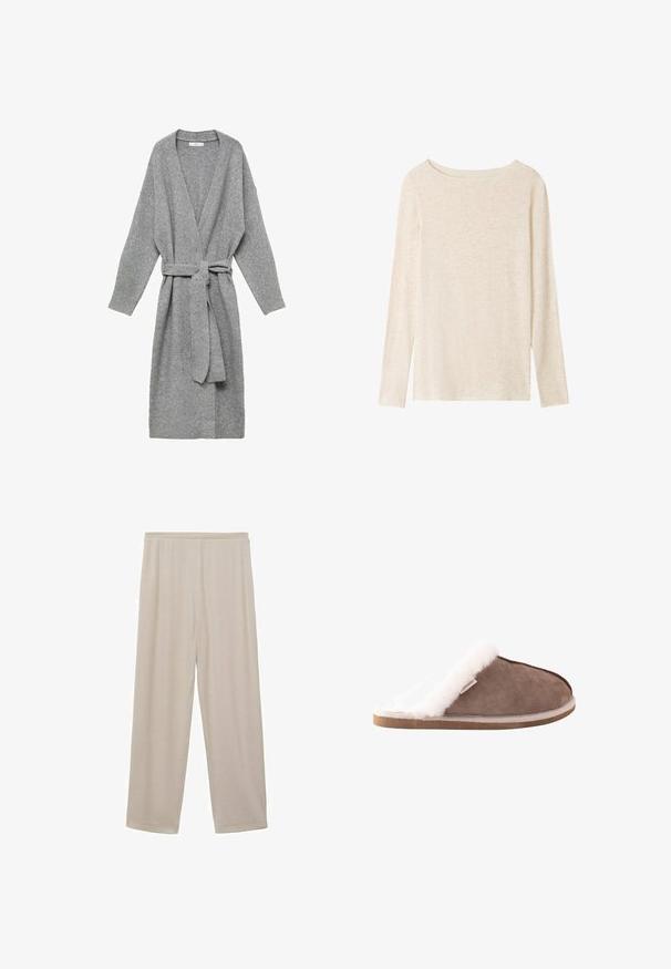 Grå cardigan lavet af blødt materiale, med en dyb V-hals, lange ærmer og et bånd i taljen. Enkel design uden mønstre eller udsmykninger.; Langærmet, lysebeige striktop med bådudskæring og subtil meleret tekstur.; Beige, lette bomuldsbukser med lige ben-design, elastisk talje og glat tekstur. Ingen synlige mønstre eller hardware.; Brun slip-on hjemmesko i ruskind med tyk hvid fleeceforing og sål, designet til indendørs komfort og varme.