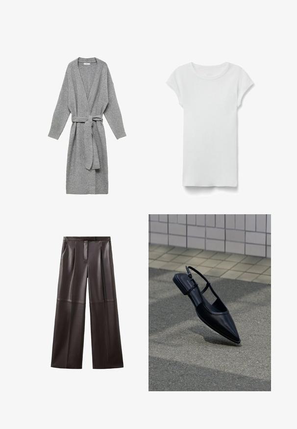 Cárdigan gris hecho de material suave, con un pronunciado escote en V, mangas largas y un lazo en la cintura. Diseño sencillo sin patrones ni adornos.; Camiseta blanca de manga corta con cuello redondo acanalado, colocada en plano sobre fondo blanco, mostrando el lado frontal y un estilo casual sencillo.; Pantalones anchos de talle alto en marrón oscuro de imitación cuero, con bolsillos delanteros y detalles de costuras sobre las rodillas.; Zapato plano negro de punta puntiaguda con tiras traseras flotando sobre una superficie de asfalto junto a una acera con baldosas.