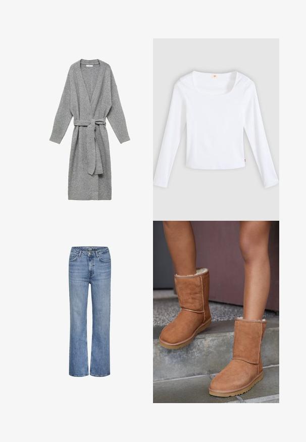 Grijze cardigan gemaakt van zacht materiaal, met een diepe V-hals, lange mouwen en een tailleband. Eenvoudig ontwerp zonder patronen of versieringen.; Witte longsleeve t-shirt van geribbelde stof, met een vierkante halslijn en een aansluitend model, voorzien van een klein logotag aan de zijkant.; Blauwe high-waisted straight-leg denim jeans met een knoop sluiting aan de voorkant, ritssluiting en vijf-pocket ontwerp.; Bruine suède enkellaarsjes met een ronde neus, zachte voering en een rubberen zool, met zichtbaar stiksel langs de naden.