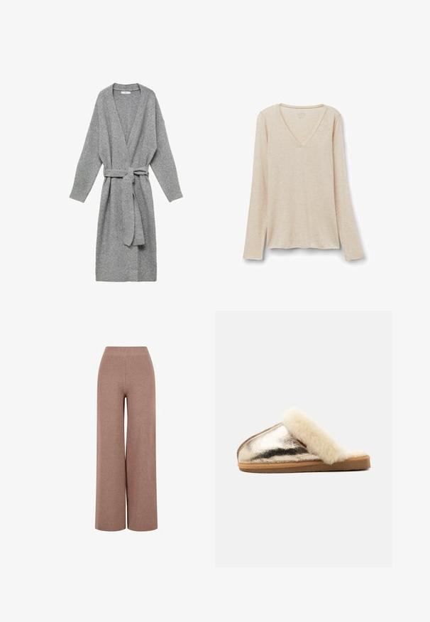 Grijze cardigan gemaakt van zacht materiaal, met een diepe V-hals, lange mouwen en een tailleband. Eenvoudig ontwerp zonder patronen of versieringen.; Langarm V-hals top in lichtbeige stof met een zachte textuur. Relaxte pasvorm met een rechte zoom en een minimalistisch ontwerp.; Bruine, wijde gebreide broeken van textuurstof, met een elastische tailleband en een losse pasvorm voor comfort.; Metalen gouden instapsloffen met een beige zool en een zachte crèmekleurige bontvoering rond de opening, zijaanzicht tegen een witte achtergrond.