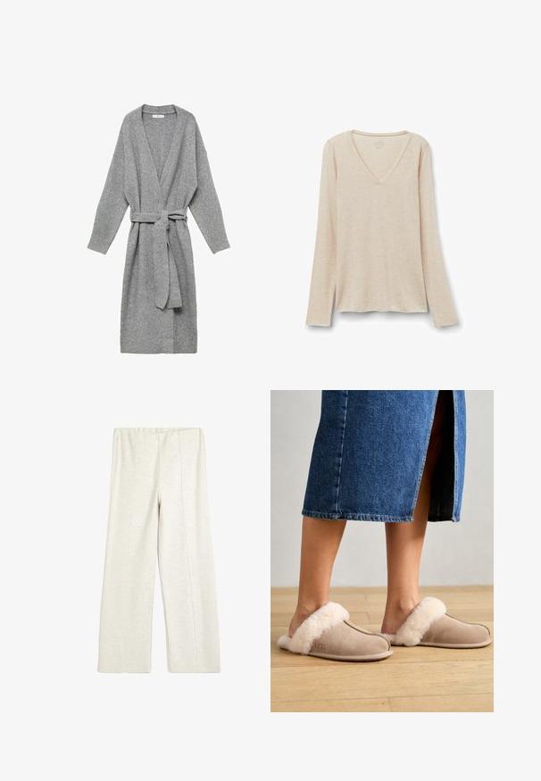 Cárdigan gris hecho de material suave, con un pronunciado escote en V, mangas largas y un lazo en la cintura. Diseño sencillo sin patrones ni adornos.; Camiseta de manga larga con escote en V en tejido beige claro con una textura suave. Corte relajado con dobladillo recto y diseño minimalista.; Koton WIDE LEG - Pantalones deportivos - beige; UGG SCUFFETTE II - Pantuflas - sand