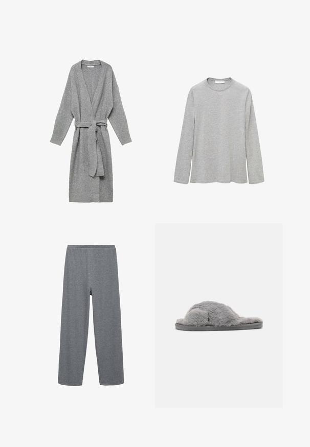 Grå cardigan lavet af blødt materiale, med en dyb V-hals, lange ærmer og et bånd i taljen. Enkel design uden mønstre eller udsmykninger.; Langærmet grå t-shirt lavet af blød bomuld. Har en rund halsudskæring og en afslappet pasform uden synlige mønstre eller hardware.; Grå, bomuldsblandede bukser med vid ben og elastisk talje, der har en glat tekstur og et simpelt, uden pyntedesign.; Grå fuzzy slippers med en blød, plysset tekstur og åben tå design. Har en tyk, tekstureret sål for komfort og holdbarhed.