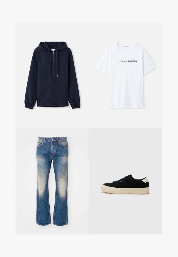 Marineblå zip-up hættejakke lavet af blødt stof, med en snoretrækshætte, ditto lommer foran og elastiske manchetter. Simpelt og funktionelt design.; Hvid t-shirt med rund halsudskæring og korte ærmer. Sort tekst står der "TIGER OF SWEDEN" centreret på fronten. Glat stofstruktur.; Lys blå denim flared jeans med falmning på lårene, fem lommer, metalknaplukning og kontrasterende sømdetaljer.; Sort ruskinds sneaker med en tyk beige gummisål, rund tå og sorte snørebånd. Har en hvid detalje på hælen. Simpelt, klassisk design.