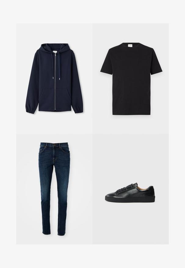 Navy Zip-Hoodie aus weichem Stoff, mit einer Kapuze zum Ziehen, Fronttaschen und elastischen Bündchen. Einfaches und funktionales Design.; Schwarzes Baumwoll-T-Shirt mit Rundhalsausschnitt und kurzen Ärmeln. Hat einen geraden Schnitt und ein minimalistisches Design, mit einem sichtbaren Etikett am Kragen.; Dunkelblaue Denim-Jeans mit slim fit, strukturiertem Design, Fünf-Taschen-Stil und leichten Ausbleichungen entlang der Beine und Nähte.; Schwarze Leder-Sneaker mit glatter Textur, runder Zehenpartie und Schnürverschluss. Verfügt über eine dicke Gummisohle und minimalistische Marken-Details.