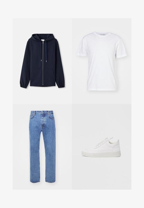 Navy Zip-Hoodie aus weichem Stoff, mit einer Kapuze zum Ziehen, Fronttaschen und elastischen Bündchen. Einfaches und funktionales Design.; Weißes Baumwoll-T-Shirt mit Rundhalsausschnitt, kurzen Ärmeln und geradem Schnitt. Keine Muster oder Verzierungen, glatte Textur und schlichtes Design.; Won Hundred STEVE - Jeans Relaxed Fit - cut blue; Weißer Ledersneaker mit abgerundetem Zehenbereich, flacher Sohle und Schnürverschluss. Verfügt über Nahtdetails und einen gepolsterten Kragen für zusätzlichen Komfort.