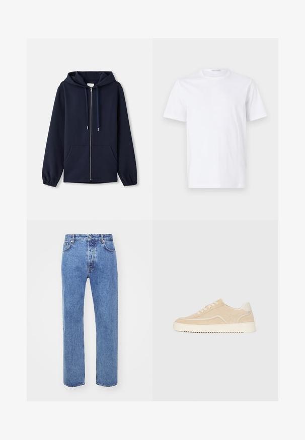 Marineblå zip-up hættejakke lavet af blødt stof, med en snoretrækshætte, ditto lommer foran og elastiske manchetter. Simpelt og funktionelt design.; Hvid bomulds t-shirt med rund halsudskæring og korte ærmer. Glat tekstur, lige snit og minimalistisk design uden mønstre eller accenter.; Won Hundred STEVE - Jeans Relaxed Fit - cut blue; Beige ruskinds sneakers med hvid sål og snørebånd, lavtop design og zigzag mønster på sålen.