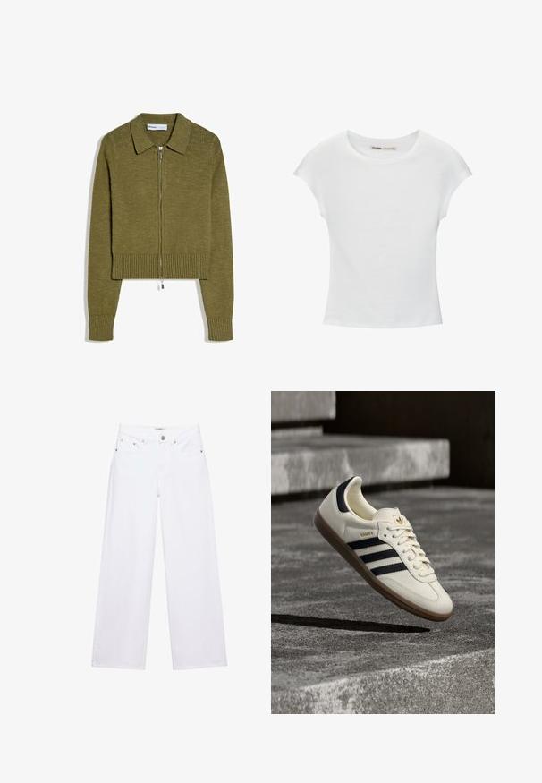 Cardigan zippé en tricot vert olive avec manches longues, poignets et ourlet côtelés, et col pointu.; T-shirt en coton blanc avec manches courtes retroussées, encolure ronde et ourlet droit. Texture lisse sans motifs ni accents visibles.; Jean blanc taille haute à jambes larges avec fermeture à boutons et zip, poches avant et arrière, et détails en rivets argentés.; Baskets blanches Adidas Samba avec des bandes noires et une semelle en gomme, flottant au-dessus de marches en béton gris texturé.