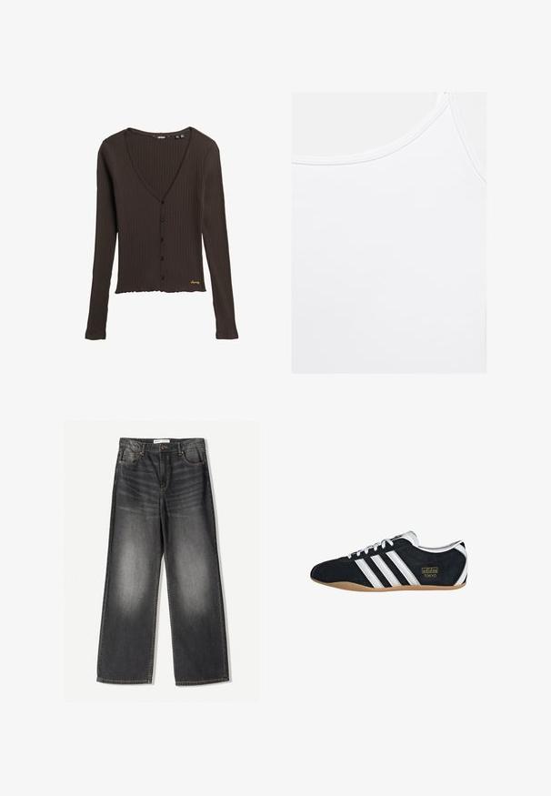 Cardigan en maille marron à manches longues, décolleté en V profond, boutons sur le devant et ourlet froncé. Présente un détail de logo doré en bas.; Débardeur blanc uni avec encolure arrondie et coutures visibles le long des bords.; Jean large gris foncé en denim, comprenant cinq poches, une fermeture éclair à l'avant et des coutures contrastantes le long des coutures.; Sneakers en suede noir avec trois bandes blanches, logo doré et semelle en caoutchouc marron. Présente un design à lacets à profil bas.