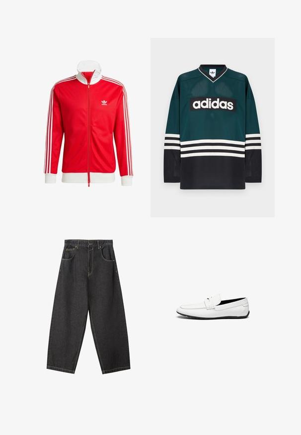 Rote Trackjacke aus glattem Material mit weißen Akzenten. Verfügt über einen hohen Kragen, einen durchgehenden Reißverschluss und drei weiße Streifen an jedem Ärmel.; Grünes und schwarzes Adidas-Trikot mit V-Ausschnitt, langen Ärmeln, Netzstruktur und auffälligem weißem Logo quer über der Brust mit gestreiften Akzenten.; Schwarze Denim-Hosen im Weitbein-Design mit gelben Nähten, fünf Taschen und einem mittelhohen Bund. Texturiertes Material mit glatter Oberfläche.; Weiße Lederloafer mit glatter Oberfläche, featuring eine gestickte Akzent, eine abgerundete Zehe und eine schwarze Gummisohle für besseren Halt.