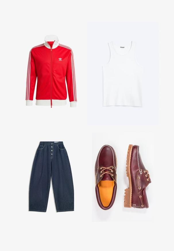 Veste de sport rouge en tissu lisse avec des accents blancs. Elle présente un col montant, une fermeture éclair intégrale et trois bandes blanches sur chaque manche.; Débardeur blanc sans manches avec col rond et étiquette de la marque Weekday à l'intérieur du col arrière, présenté à plat sur un fond clair.; Pantalons en denim bleu foncé à jambes larges avec une taille haute, fermeture à cinq boutons et cinq poches. Présente des accents de couture sur les coutures.; Chaussures en cuir bourgogne avec semelles en caoutchouc marron, bout rond, couture blanche et œillets dorés. L'intérieur présente une doublure jaune.