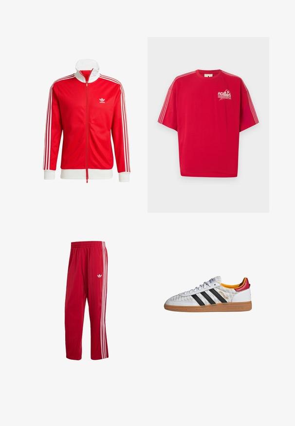 Veste de sport rouge en tissu lisse avec des accents blancs. Elle présente un col montant, une fermeture éclair intégrale et trois bandes blanches sur chaque manche.; T-shirt rouge à manches courtes Adidas avec logo blanc et graphique de football sur le côté gauche de la poitrine, ainsi que trois bandes blanches le long de chaque manche.; Pantalon de survêtement rouge Adidas avec taille élastique, bandes blanches sur les côtés et logo Trefoil sur la cuisse droite sur fond blanc.; Baskets Adidas Spezial blanches avec bandes noires, semelle en gomme, motif matelassé, languette talon rouge et doublure intérieure jaune, vue latérale.